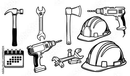 Construction tools icon set vector hammer wrench drill hard hat safety