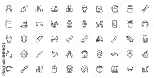 Gym icon set. Fitness vector icons pack. Includes symbols for treadmill, dumbbell, yoga mat, protein, boxing gloves, locker and more. Editable stroke.