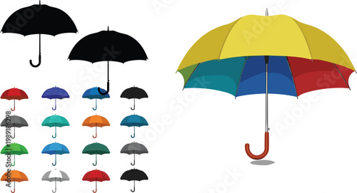 Colorful Umbrella Collection Set Featuring Silhouette, Multicolor and Single Color Designs with Wooden Handle in Flat Vector Style for Rain, Weather and Protection Concepts