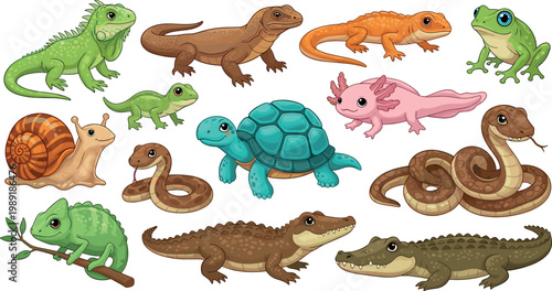 Cute cartoon reptile and amphibian vector collection featuring snake turtle crocodile frog lizard and axolotl for kids design.