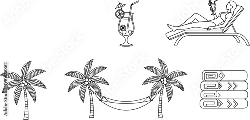 Summer Beach Vacation Icon Set with Palm Tree, Hammock, Cocktail, Sunbathing Woman, and Towel for Travel and Leisure Designs