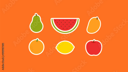 Colorful fruit flat vector icon set isolated on orange background, including watermelon, apple, mango, lemon and pear