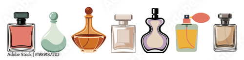 Set of perfume bottles stand in a row. Each design varies in shape and color. No faces appear, so no emotions exist. Perfect for beauty, fashion, or luxury branding. Ideal for digital ads, websites