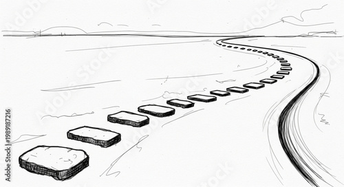 Stone Path Winding Through Open Landscape Towards Horizon.