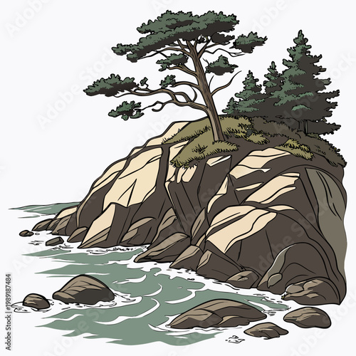 Rocky coastline with trees and ocean waves rocks