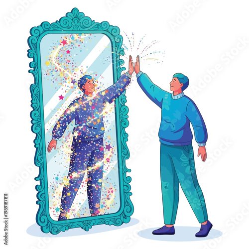 Self esteem and confidence concept with man giving high five to his own reflection in mirror.