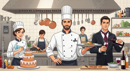 Professional culinary team in a modern kitchen chefs preparing food and serving wine concept for restaurant and hospitality industry