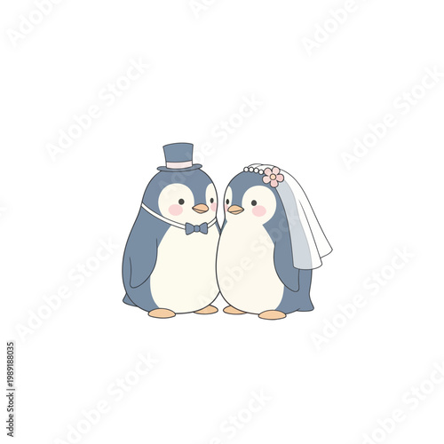 Cute Penguin Couple in Wedding Attire, Bride and Groom, Romantic Illustration
