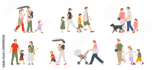 夏の外出シーン 歩く家族セット