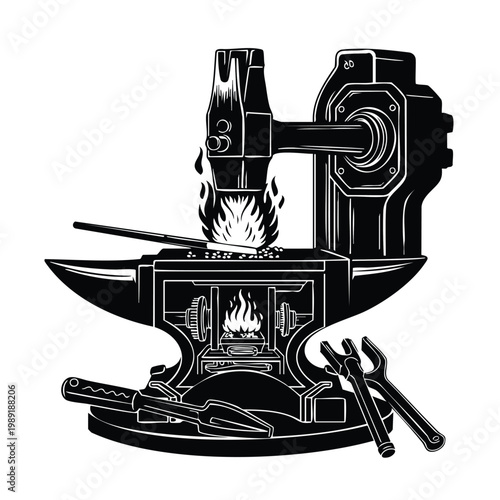 Blacksmith anvil silhouette with hammer and fire, industrial bundle.