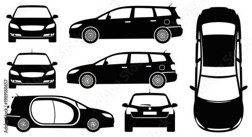 Set of Black Car Silhouettes: Front, Side, Rear, Top Views of Station Wagon and Hatchback