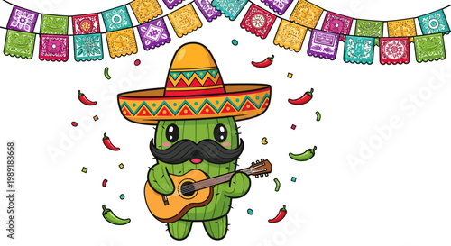 Playful cartoon cactus wearing a traditional sombrero and playing guitar surrounded by festive decorations for Cinco de Mayo celebration. Bright colorful Mexican fiesta themed vector illustration.