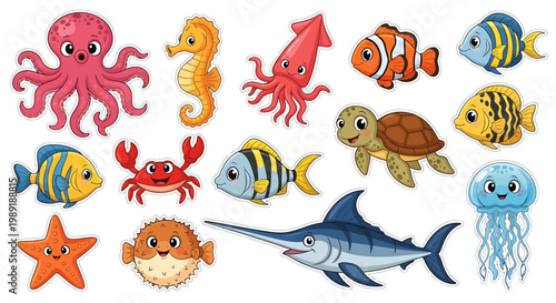 Adorable cartoon sea animals collection featuring octopus, fish, crab, turtle, and more. Bright colorful vector illustrations with friendly expressions, perfect for kids design, stickers.