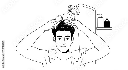 Person showering and washing hair with showerhead shampoo bottles linear style illustration