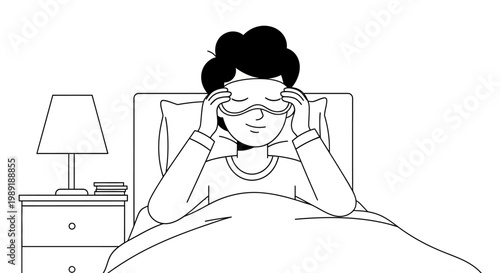 Person wearing sleep mask in bed nighttime scene vector illustration