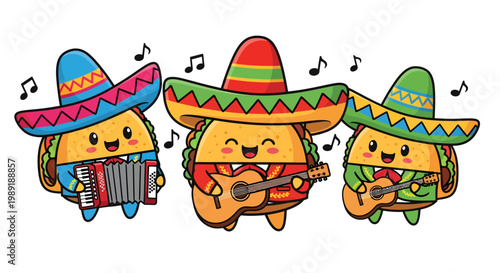 Funny taco cartoon characters dressed as mariachi musicians with sombreros and instruments celebrating Mexican Cinco de Mayo fiesta.