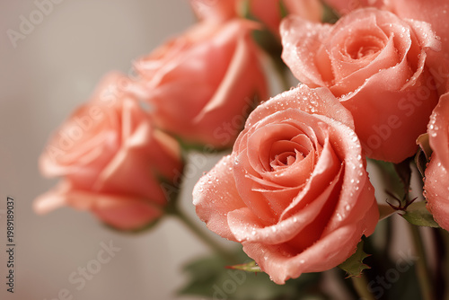 Soft pink roses with morning dew, tightly clustered in a delicate bouquet arrangement.