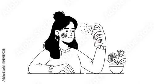 Woman spraying mist on her face with a plant pot in the background illustration skincare and beauty concept