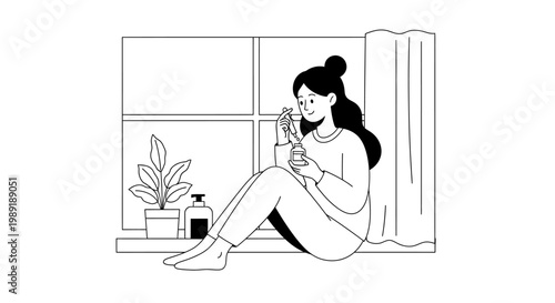Woman sitting near window looking at object minimal line art drawing vector illustration