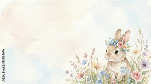 Floral Crown Cute Animal, Sweet Pet Floral Aesthetic, Charming Animal Headshot, Charming Bunny with Floral Crown in Soft Watercolor