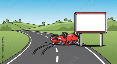 Overturned red car on a highway with tire marks blank roadside billboard and green rolling hills concept of accident and danger