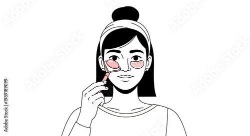 Woman using facial roller illustration skincare routine facial treatment beauty product vector