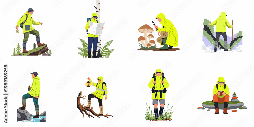 Obraz premium Flat illustration set of people in yellow jackets exploring nature through hiking, birdwatching, map reading, mushroom foraging, and outdoor activities.