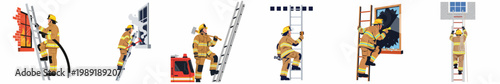 Set of Flat Vector Illustrations Depicting Firefighters in Action Using Ladders, Axes, and Hoses for Rescue and Firefighting Operations.