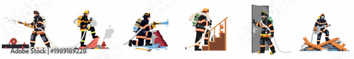 Collection of flat vector illustrations depicting brave firefighters in full protective gear performing various emergency rescue operations and firefighting tasks.