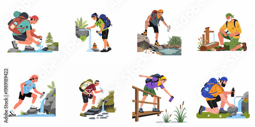 Collection of diverse hikers filling their reusable water bottles from natural springs, streams, and waterfalls in the mountains.