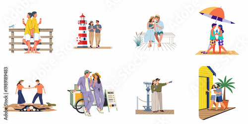 Collection of flat vector illustrations depicting romantic couples enjoying various summer activities and ice cream at the beach and seaside.