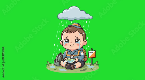 Sad Cartoon Hiker Under Rainfall