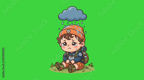 Sad Cartoon Hiker Under Rain Cloud on Green Background