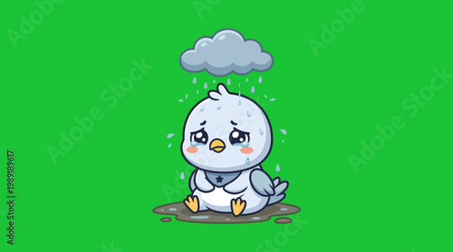 Sad Cartoon Bird Crying in the Rain