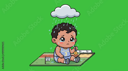 Sad Basketball Player Sitting in Rain Holding Medal