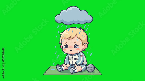 Sad Baby Sitting in the Rain Under a Cloud