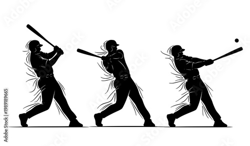 Baseball batting action silhouettes vector illustration with swinging players dynamic sports motion set