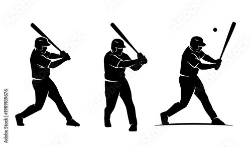 Baseball player swinging bat silhouettes vector set with multiple batting angles sports action illustration