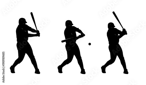 Three baseball players silhouette swinging bats action sports vector set batting poses illustration