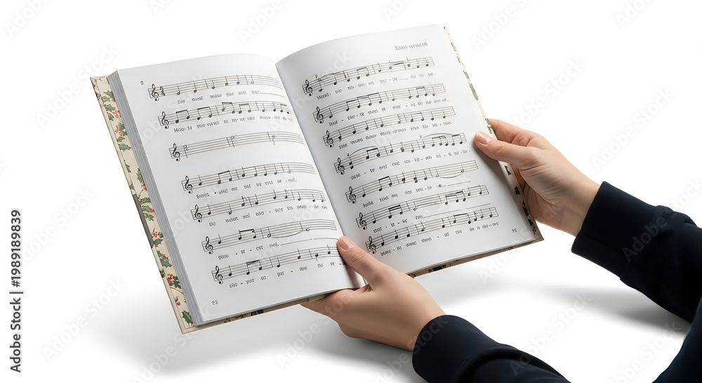 Fototapeta premium Person holding an open handwritten musical composition notebook against a white background