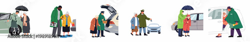 Set of flat illustrations showing security guards and service staff assisting elderly citizens with transportation, walking in rain, and carrying groceries.