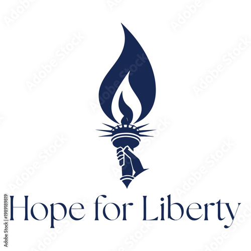 4th of July Hope for Liberty Torch Logo USA Independence Day Anniversary Navy Blue Vector.Patriotic torch emblem with Liberty Lights the Way text and radiant lines in a vintage circular badge. 