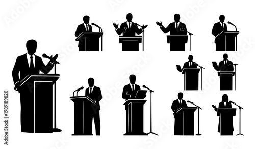Orator speaking at podium silhouette vector set with speaker microphone public speaking leadership illustration