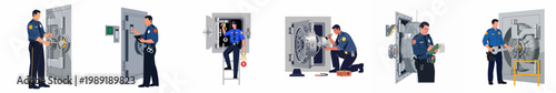 Flat vector illustrations set of a police officer or security guard performing various tasks around large bank vault doors and safes.
