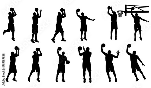 Basketball player shooting ball silhouette action vector set with jump shot dunk dribble sports poses illustration