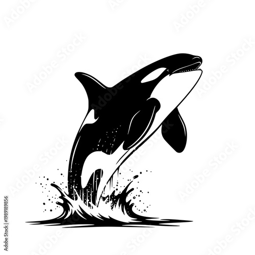 Graceful killer whale emerging from the ocean with splashing water
