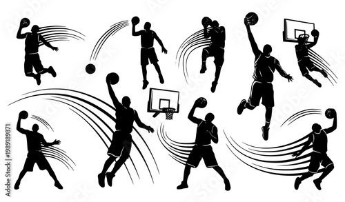 Basketball action silhouettes with shooting motion trails dunk and jump shot vector sports illustration set