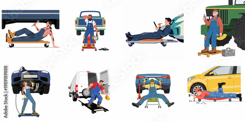 A collection of diverse auto mechanics repairing various vehicles including cars, trucks, and tractors using specialized tools and equipment.