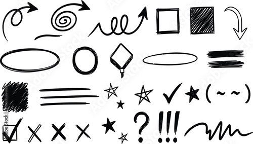 Collection of hand drawn scribbles shapes and symbols in black ink