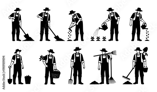 Farmers with gardening tools silhouette vector set agriculture farming planting and harvesting illustration